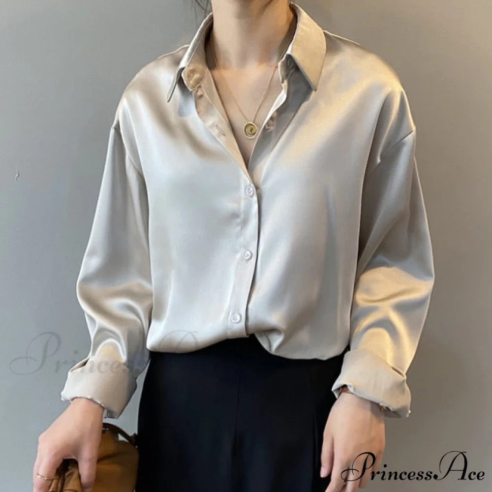 Arm Vintage Ladies Satin Korean Office Long Blouse Button Up Silk Elegant Blouse White Tops S / Apricot