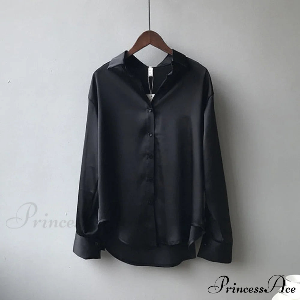 Arm Vintage Ladies Satin Korean Office Long Blouse Button Up Silk Elegant Blouse White Tops S / Black