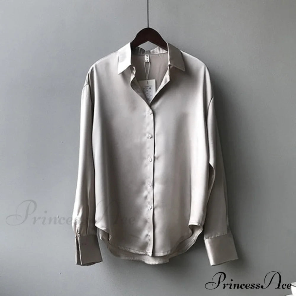 Arm Vintage Ladies Satin Korean Office Long Blouse Button Up Silk Elegant Blouse White Tops S / Gray
