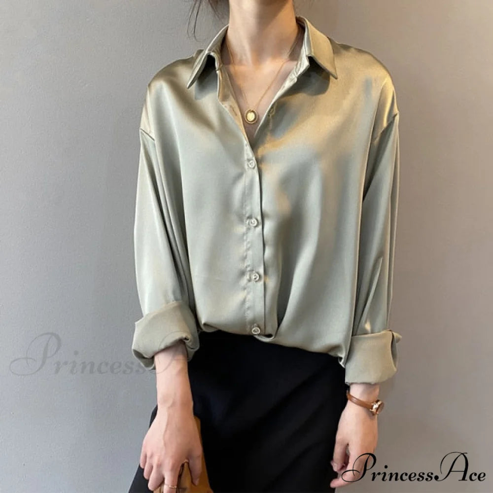 Arm Vintage Ladies Satin Korean Office Long Blouse Button Up Silk Elegant Blouse White Tops S / Green