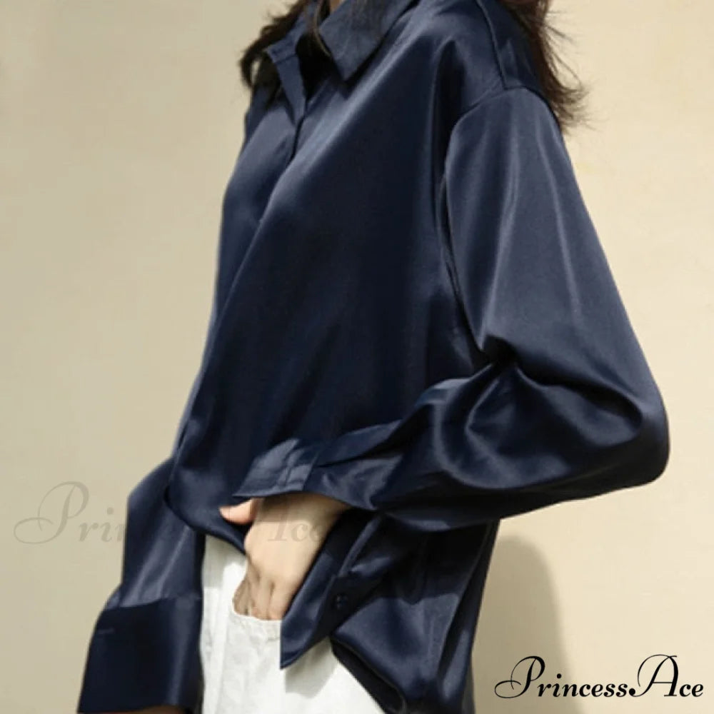 Arm Vintage Ladies Satin Korean Office Long Blouse Button Up Silk Elegant Blouse White Tops S / Royal Blue