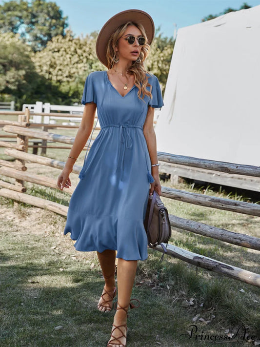 Arm Women for Gown Size Woven V-neck A-line Swing Brief Large Blue / S