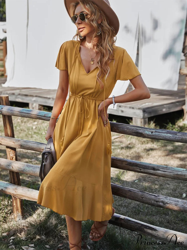 Arm Women for Gown Size Woven V-neck A-line Swing Brief Large Orange / S