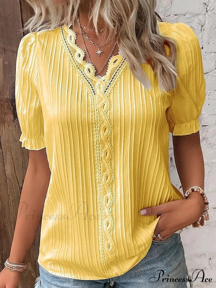 Arm Yellow-Green Lace Blouse White V-Neck Brief Women’s Violets Blouse Casual Gold / S