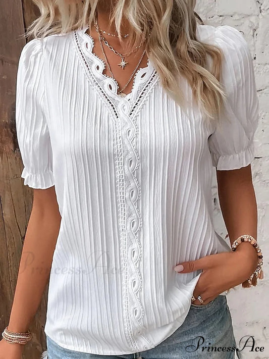 Arm Yellow-Green Lace Blouse White V-Neck Brief Women’s Violets Blouse Casual White / S