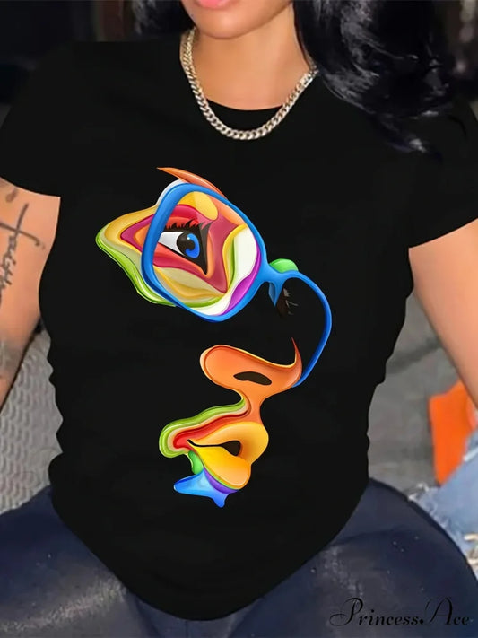 Artistic Abstract Face Tee - Casual Non-Sheer Summer Crew Neck 100% Polyester Easy-Care T-shirt BLACK / S