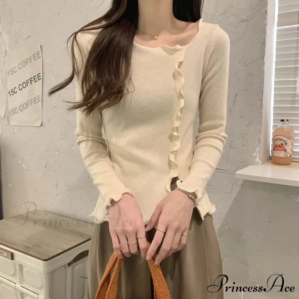 Artistic Irregular Frills Knit Crop Solid Extended Sleeve Knit Top APRICOT / One Size knittop-250126
