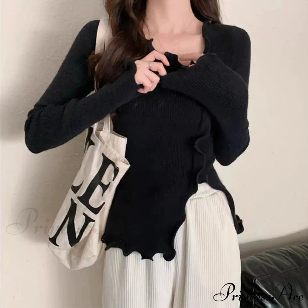Artistic Irregular Frills Knit Crop Solid Extended Sleeve Knit Top Black / One Size knittop-250126