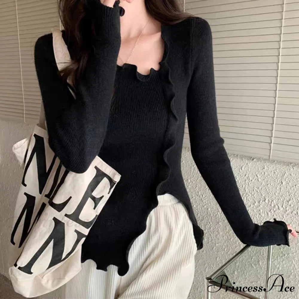 Artistic Irregular Frills Knit Crop Solid Extended Sleeve Knit Top knittop-250126