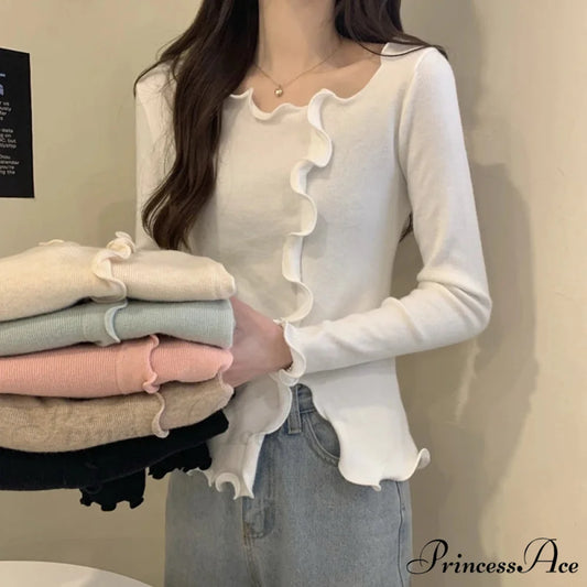 Artistic Irregular Frills Knit Crop Solid Extended Sleeve Knit Top knittop-250126