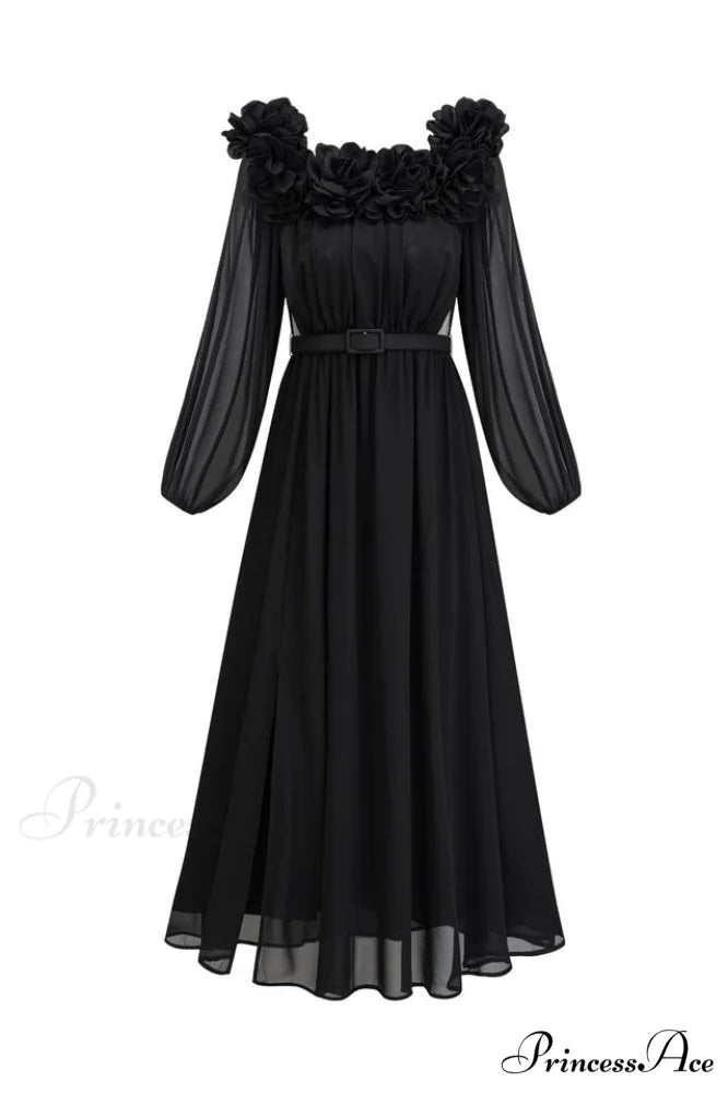Ascella Flower Stylish Shoulder Maxi Dress S / Black