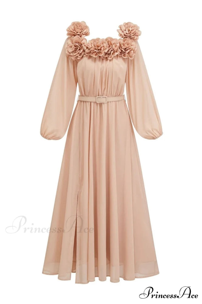 Ascella Flower Stylish Shoulder Maxi Dress S / Khaki