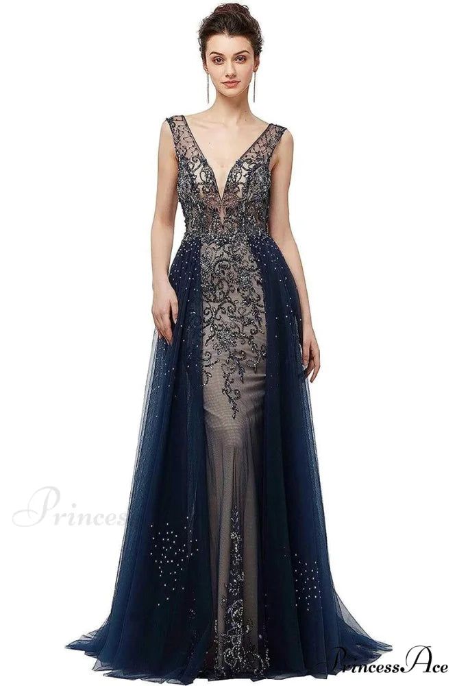 Asheville Embellished Graceful Backless Maxi Dress Navy Blue / 2