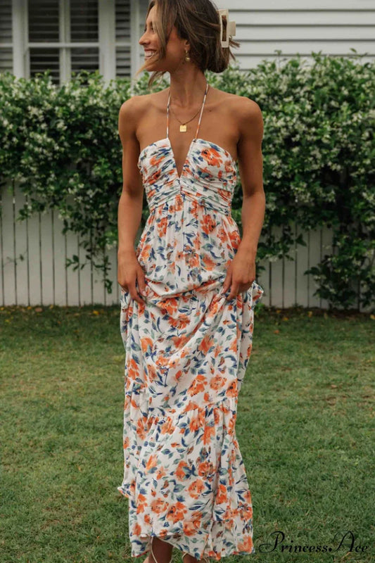 Asiah Halter Stylish Neck Maxi Dress S / Orange Floral