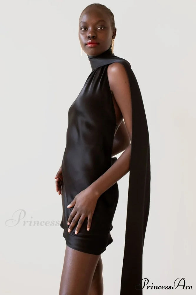 Astrella Neck Wrap Charming Midi A-Line Dress S / Black