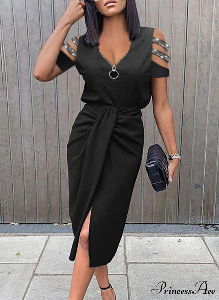 asual V-neck Lace Long Sleeve Elegant Party Dress Black 03 / S