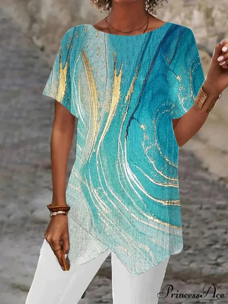 Asymmetric Blouse - Design Blouse Women’s Abstract Graphic Silver/Black/White Blue / S
