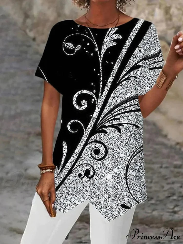 Asymmetric Blouse - Design Blouse Women’s Abstract Graphic Silver/Black/White Black / S