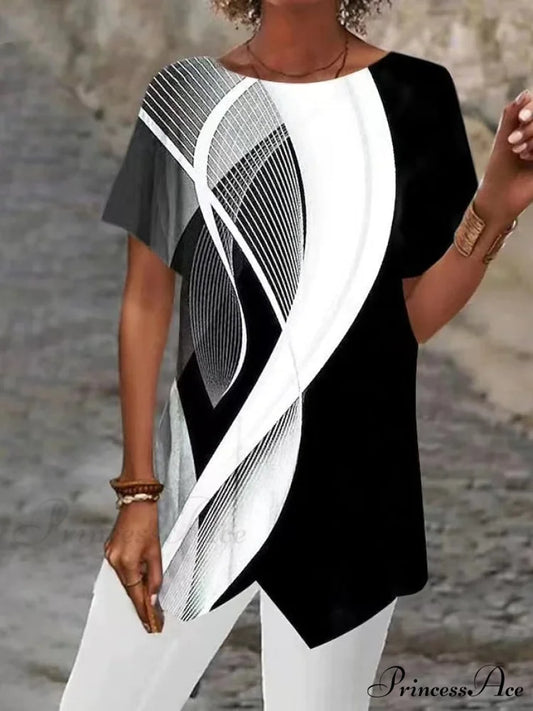Asymmetric Blouse - Design Blouse Women’s Abstract Graphic Silver/Black/White White / S