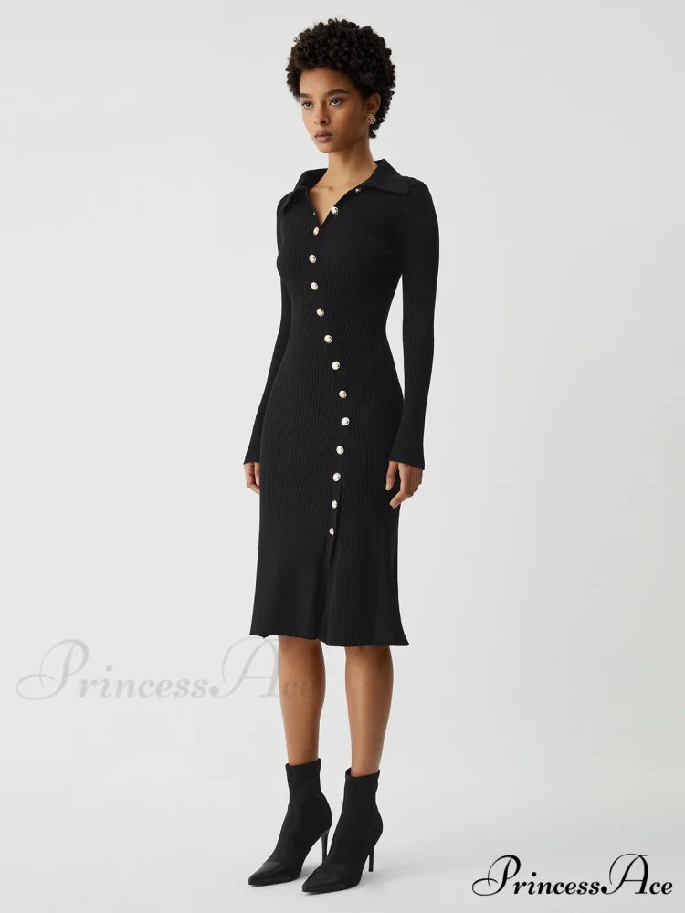 Asymmetric Button Down Long Modern Sleeve Midi Sweater Dress