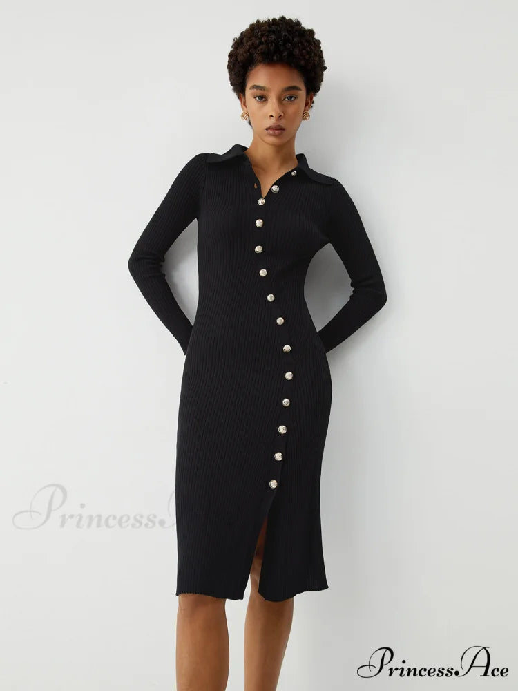 Asymmetric Button Down Long Modern Sleeve Midi Sweater Dress Black / S