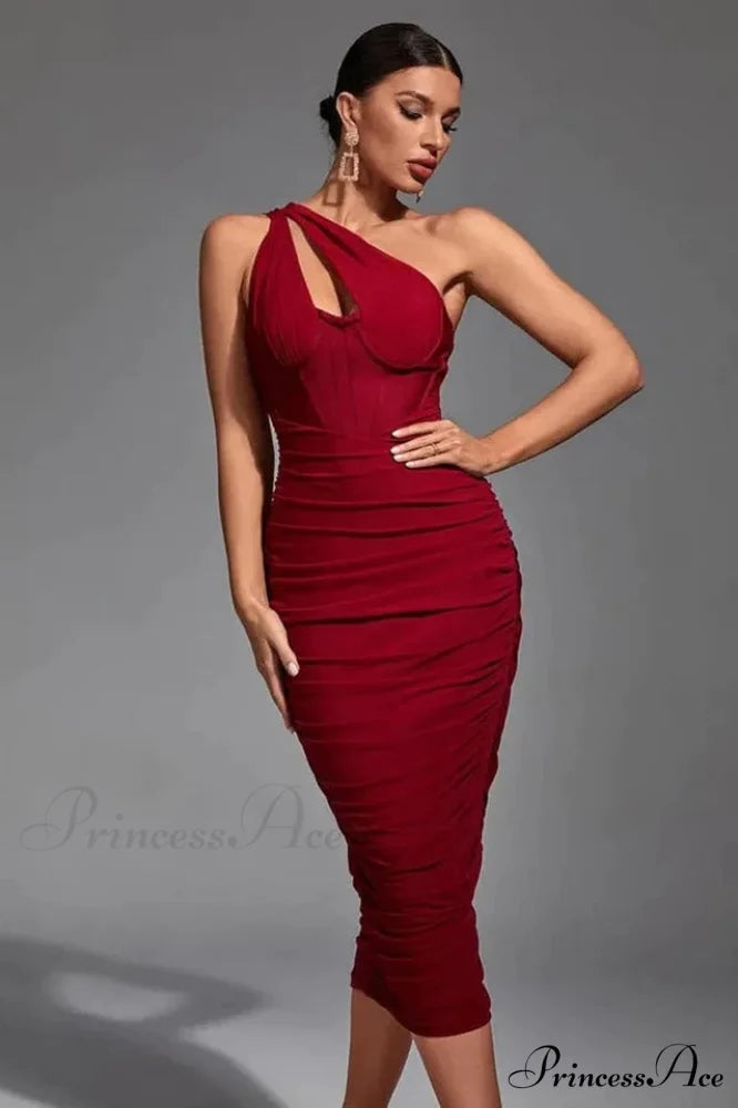 Asymmetric Cutout Stylish Midi Dress XS / Wine