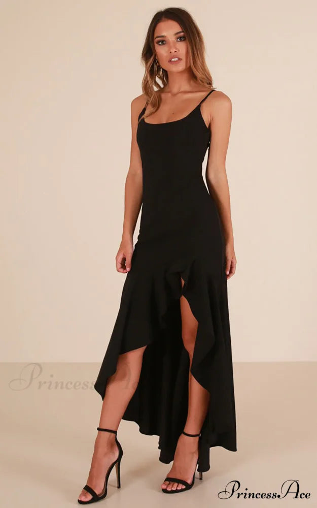 Asymmetric Flounce Long Dress S / BLACK