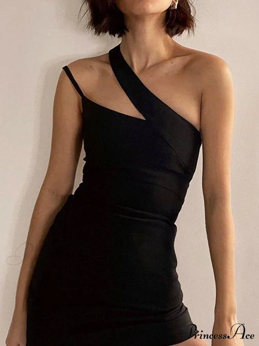 Asymmetric Halter Graceful Bodycon Short Dress Black / S