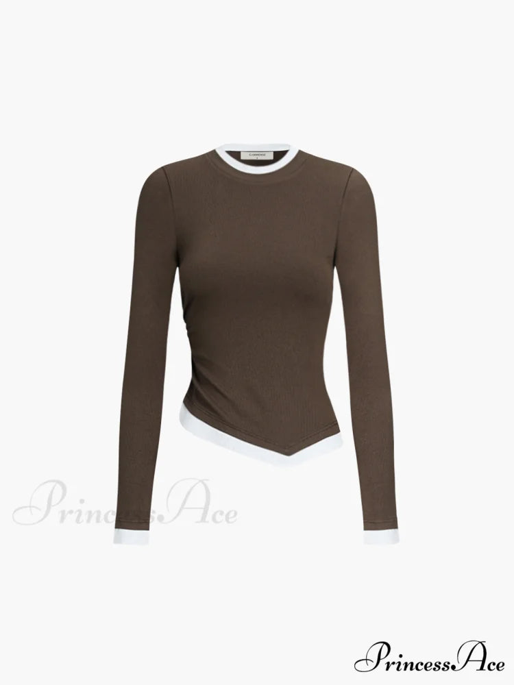 Asymmetric Hem Contrast Trendy Trim Long Sleeve Shirt Brown / XS