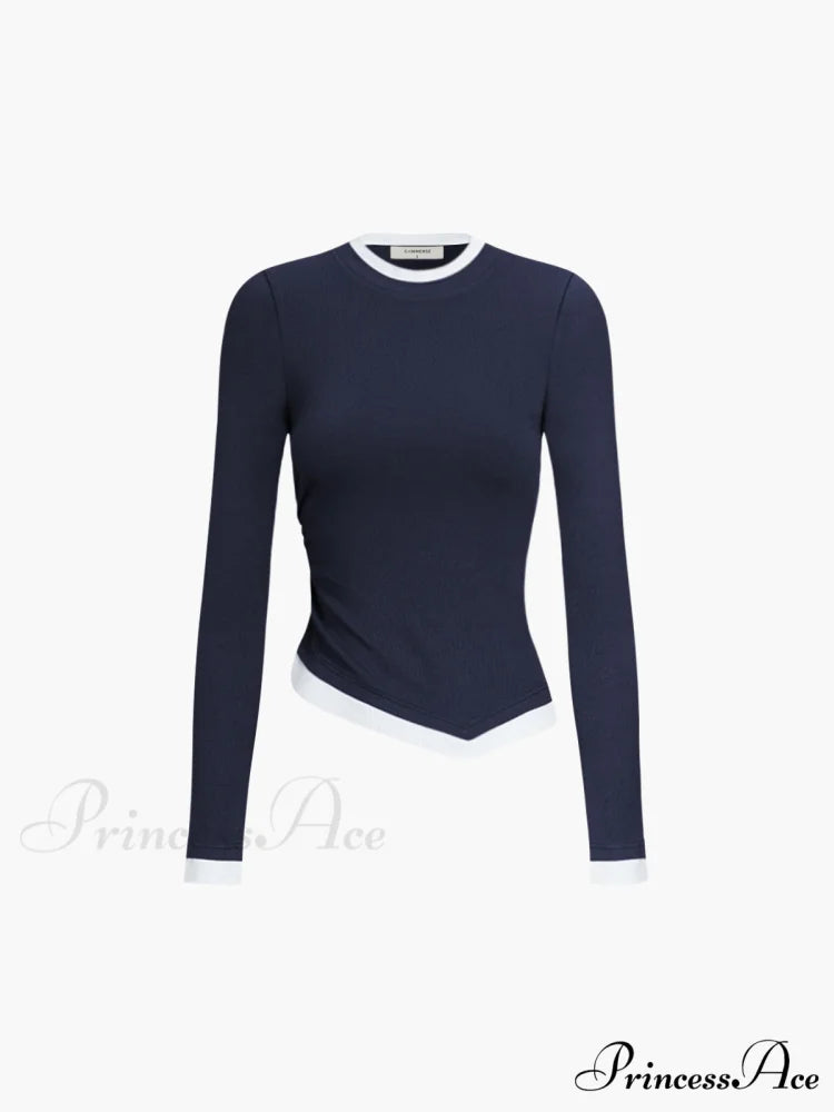 Asymmetric Hem Contrast Trendy Trim Long Sleeve Shirt Navy / XS
