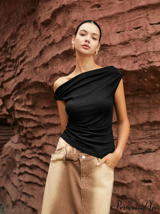 Asymmetric Knotted Graceful One-Shoulder Top Black / XS