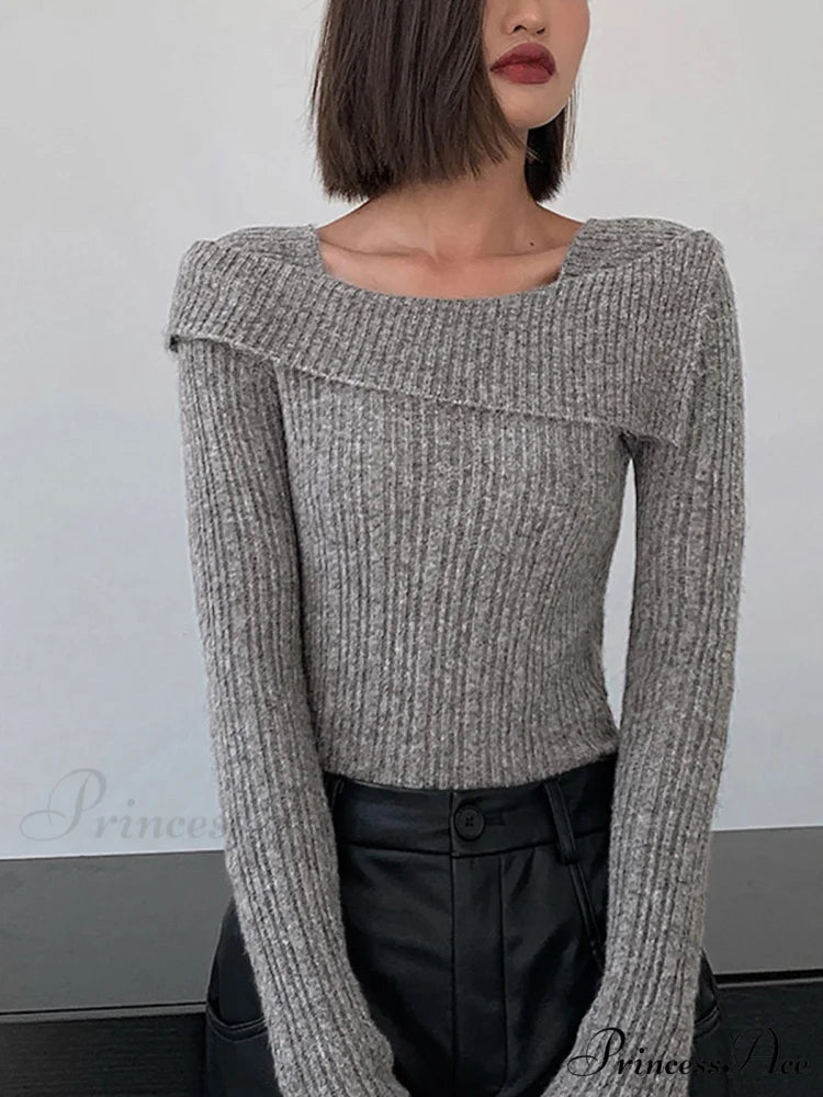 Asymmetric Overfold Square Neck Modern Long Sleeve Knit Top Grey / S