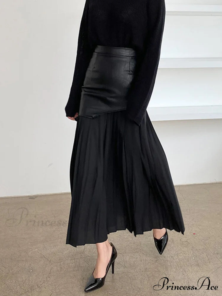 Asymmetric Patchwork Faux Leather Modern Chiffon Pleated Midi Skirt Black / XS