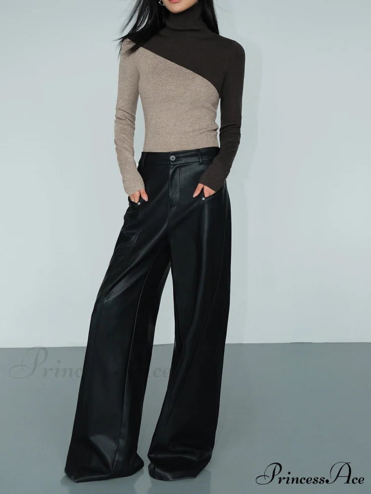 Asymmetric Patchwork Long Sleeve Modern Mock Neck Knit Top