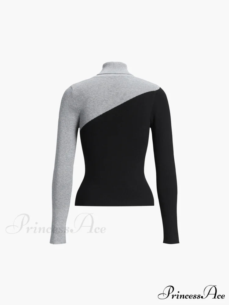 Asymmetric Patchwork Long Sleeve Modern Mock Neck Knit Top