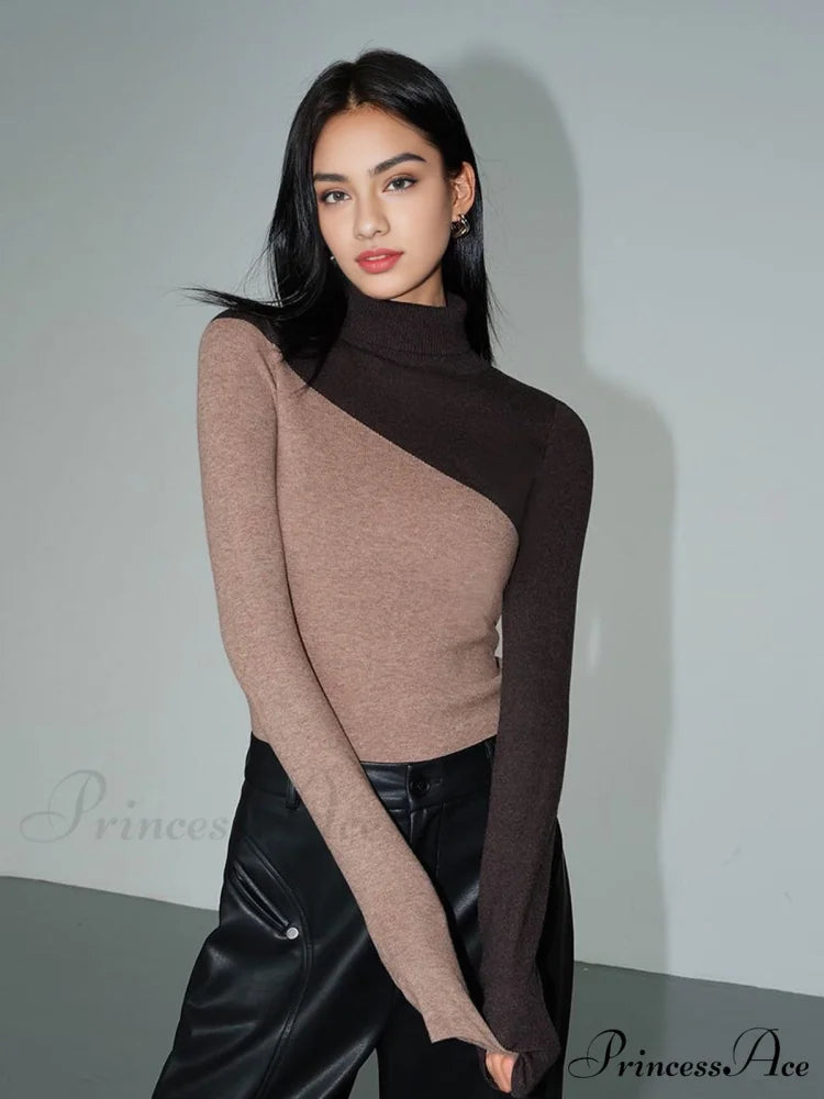 Asymmetric Patchwork Long Sleeve Modern Mock Neck Knit Top Brown / XS