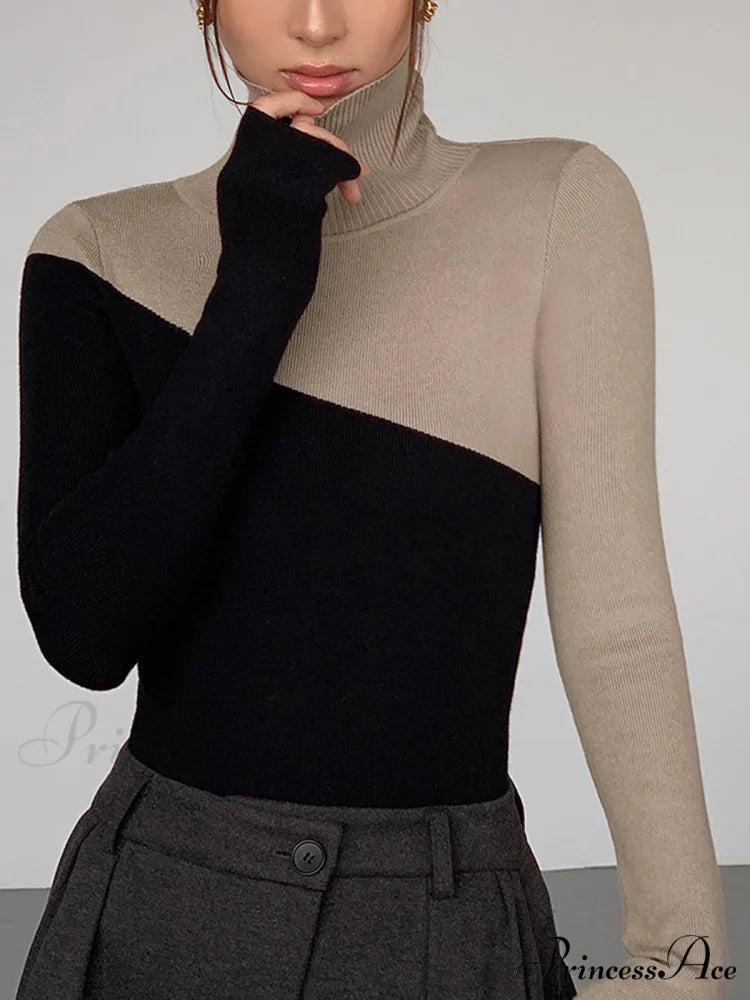 Asymmetric Patchwork Long Sleeve Modern Mock Neck Knit Top Camel / XS