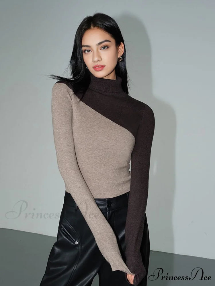 Asymmetric Patchwork Long Sleeve Modern Mock Neck Knit Top Khaki / XS