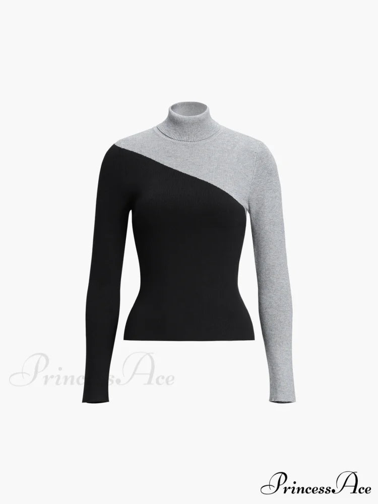 Asymmetric Patchwork Long Sleeve Modern Mock Neck Knit Top Light Grey / XS