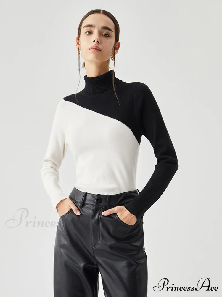 Asymmetric Patchwork Long Sleeve Modern Mock Neck Knit Top White / XS