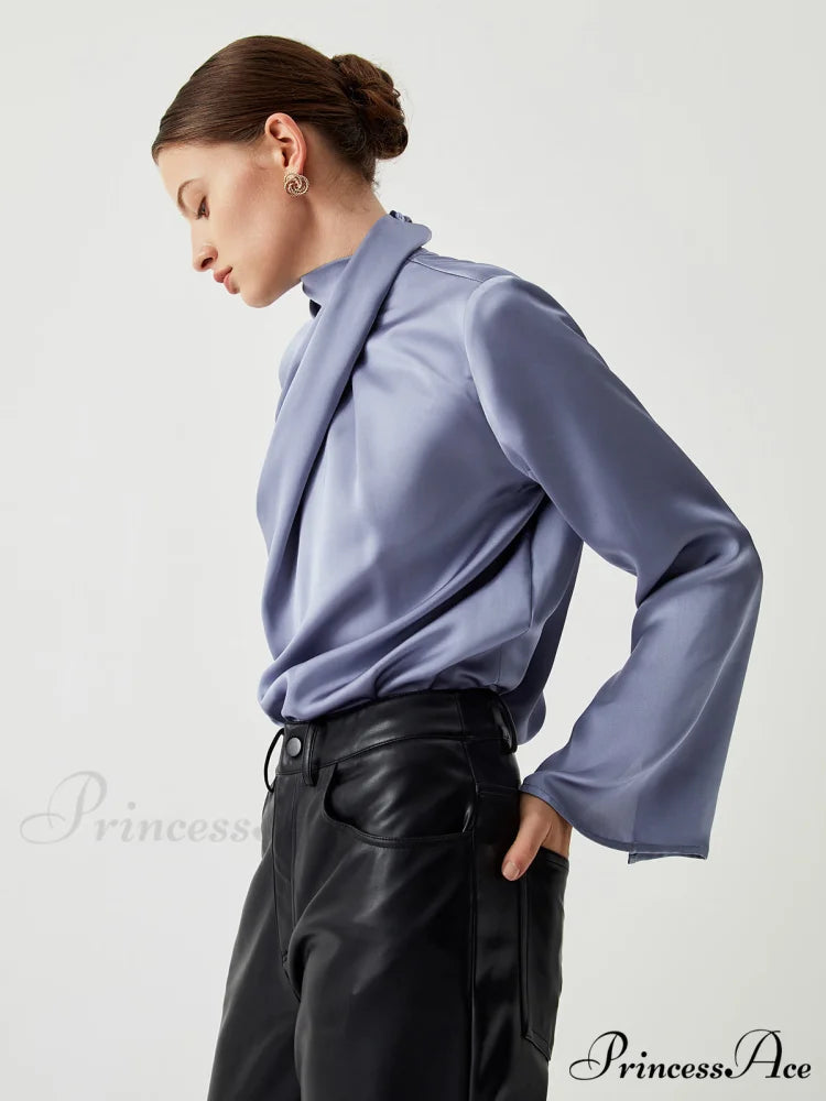 Asymmetric Pleated Graceful Turtleneck Satin Shirt