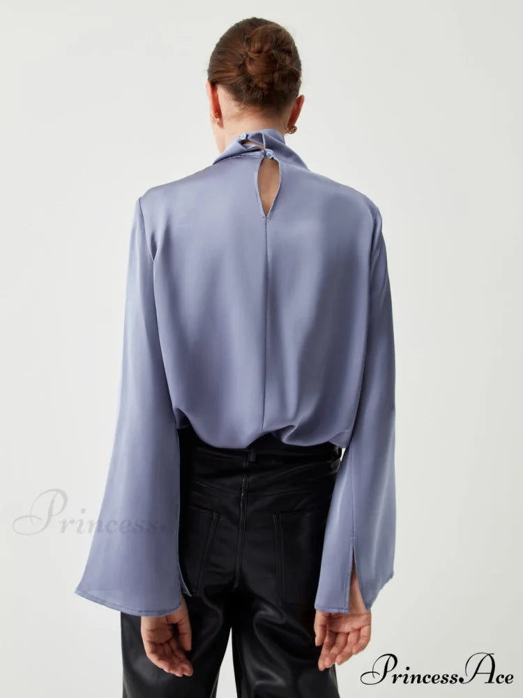 Asymmetric Pleated Graceful Turtleneck Satin Shirt