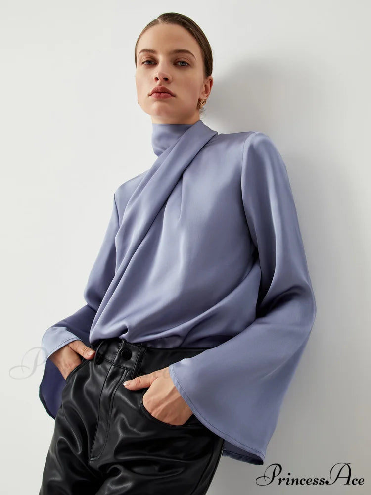 Asymmetric Pleated Graceful Turtleneck Satin Shirt