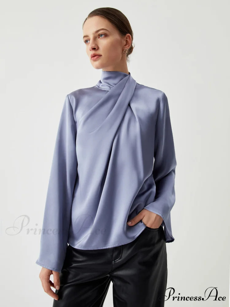 Asymmetric Pleated Graceful Turtleneck Satin Shirt