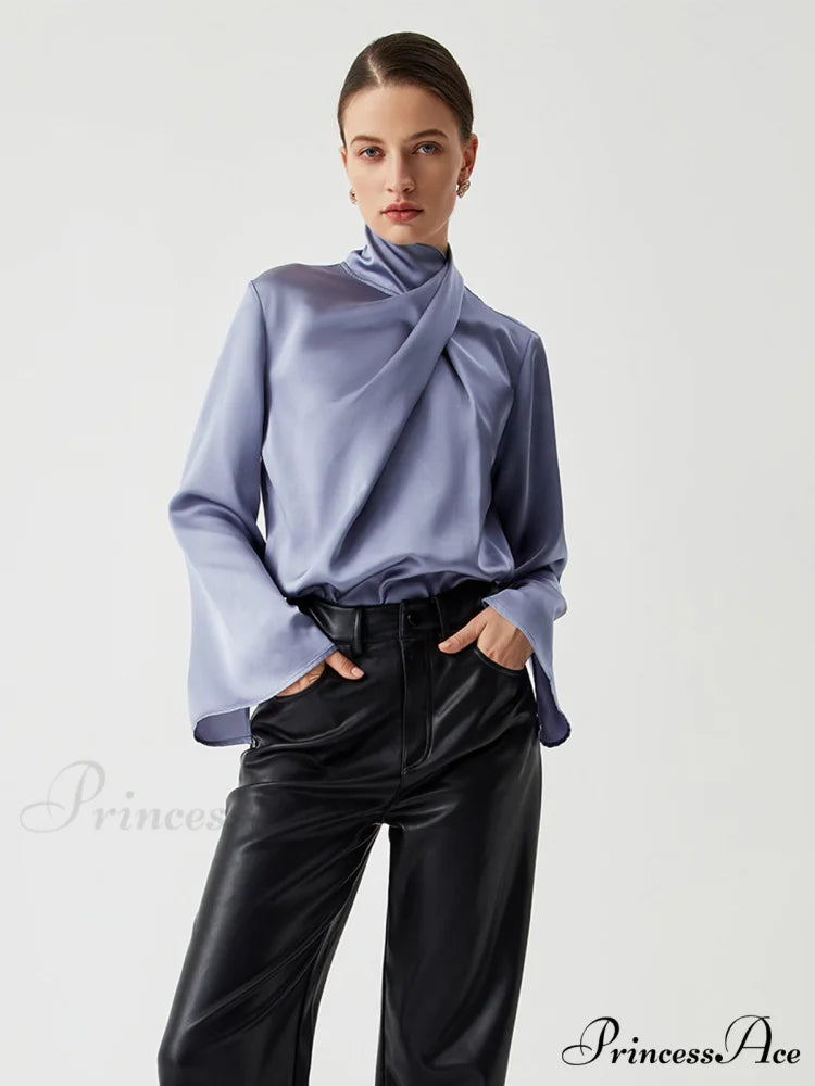 Asymmetric Pleated Graceful Turtleneck Satin Shirt Grey / XS
