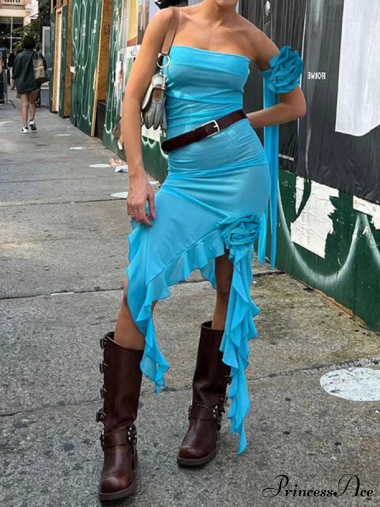 Asymmetric Ribbed Halter Trendy Crop Cami Top Blue / S