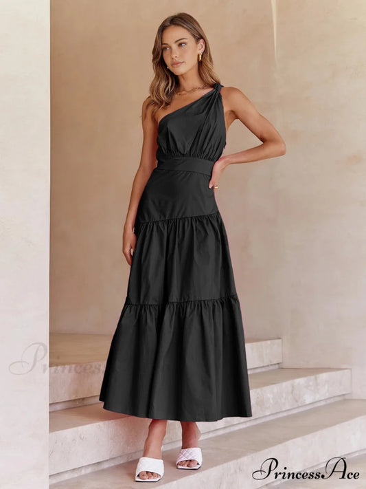 Asymmetric Shoulder Graceful Knotted Midi Dress Black / XS