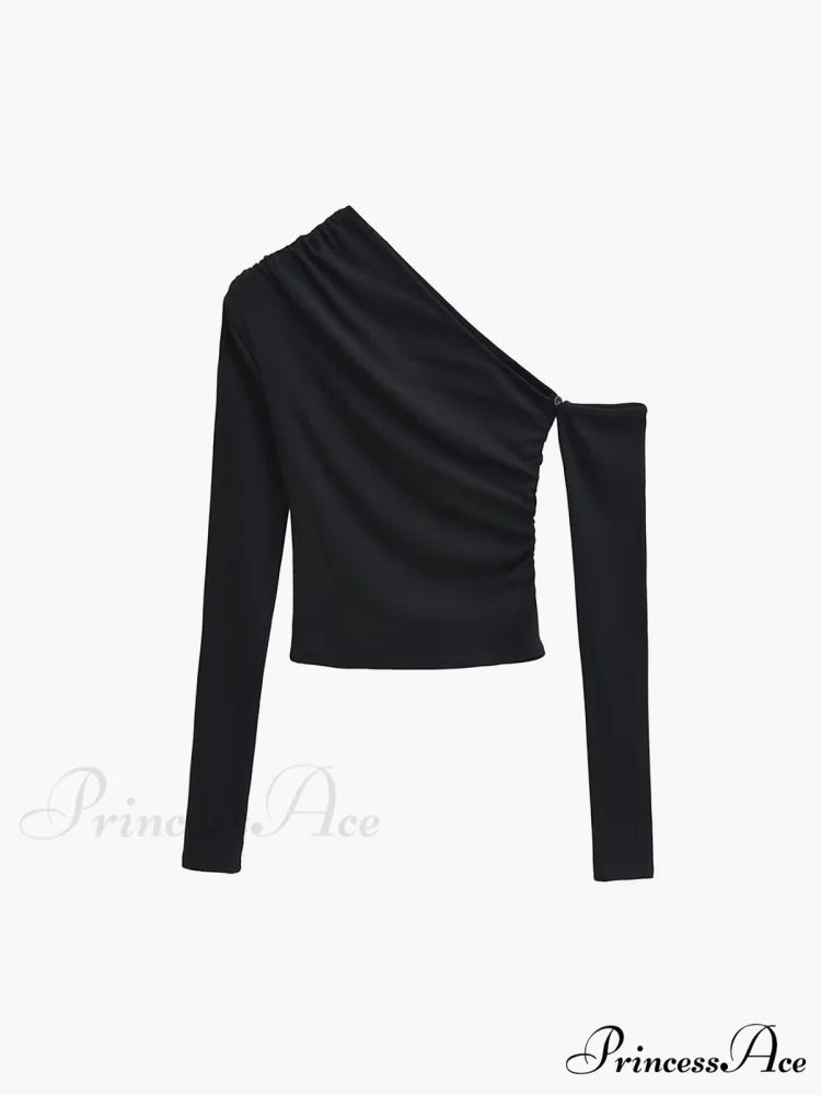 Asymmetric Sleeve Graceful Ruched Crop Shirt Black / XS