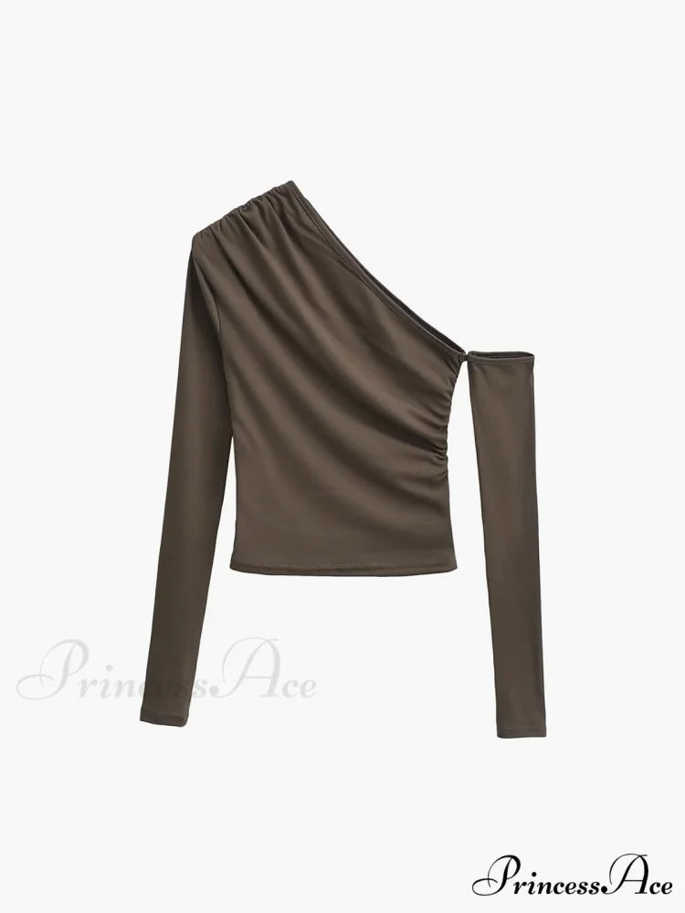 Asymmetric Sleeve Graceful Ruched Crop Shirt Light Brown / XS