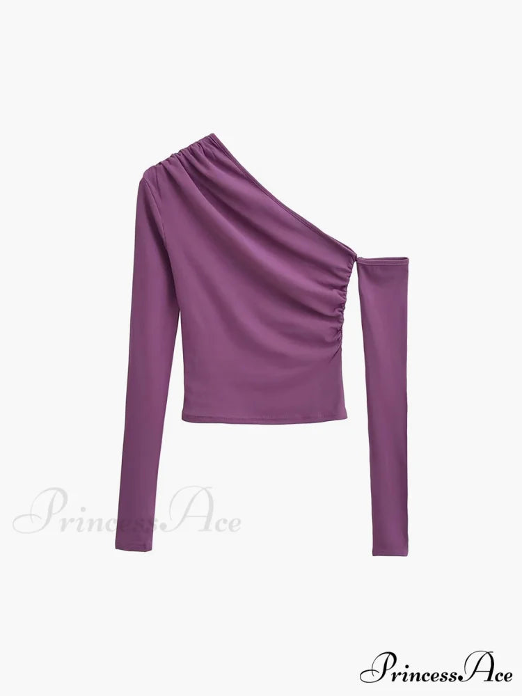 Asymmetric Sleeve Graceful Ruched Crop Shirt Purple / XS